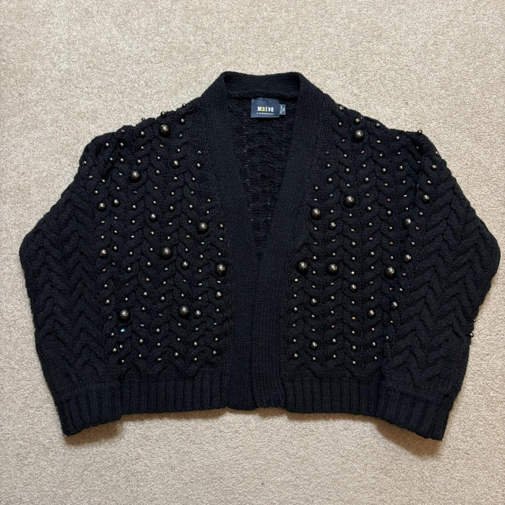 Maeve Pearl Cardigan Sweater Womens One Size Black Cable Knit Open Front Chunky